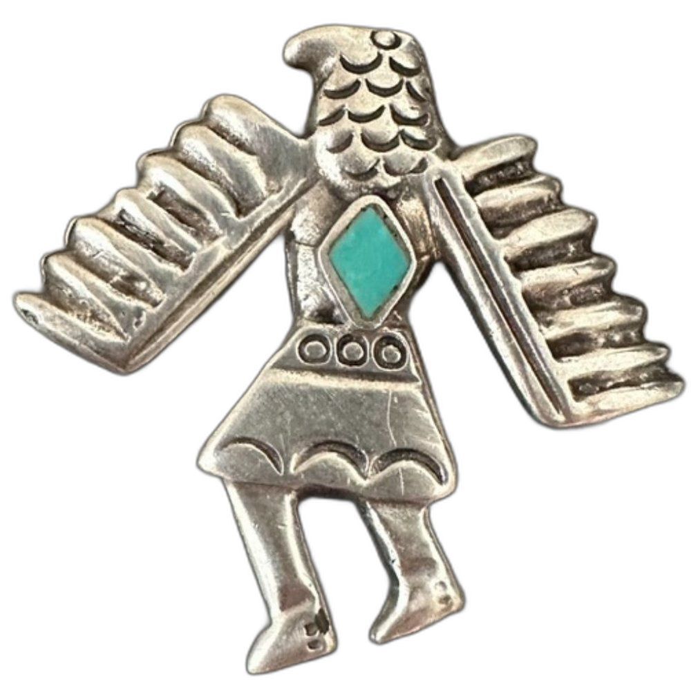 Vtg Navajo Native American Silver Thunderbird Kachina Brooch Turquoise